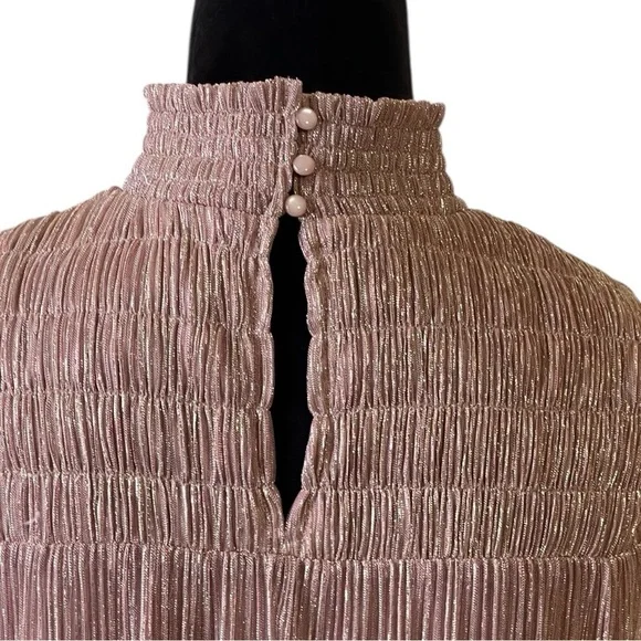 NINE WEST SMOCKED YOKE SLEEVELESS METALLIC ROSE SHIFT DRESS SZ MED EUC - Picture 6 of 12